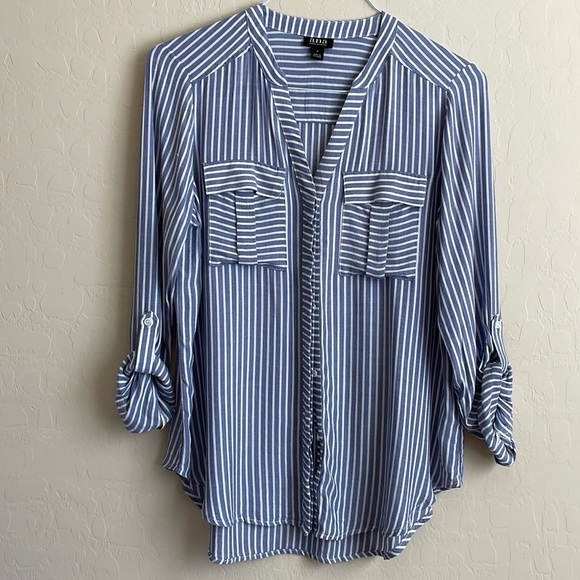 a.n.a. Blue White Stripe Oxford Roll Sleeve Button Down Top Women’s Small - Picture 1 of 6